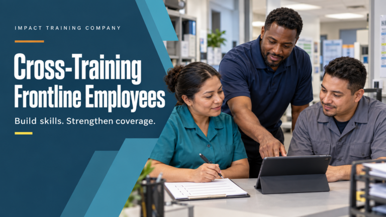 Supervisor guiding cross-training frontline employees using a tablet and checklist
